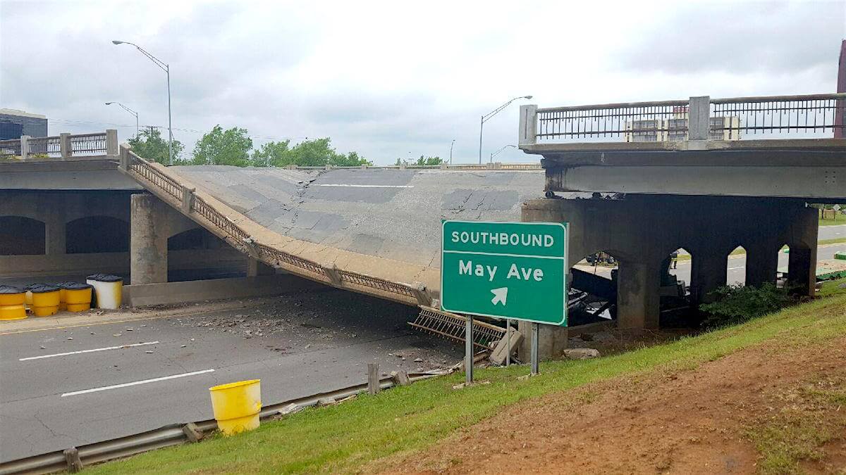 DRONE VIDEO: Truck topples May Avenue bridge over Northwest Expressway