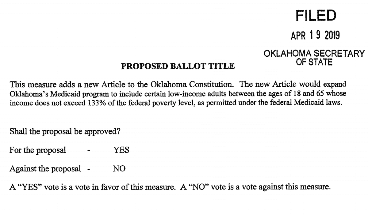 Oklahoma Medicaid expansion ballot initiative filed