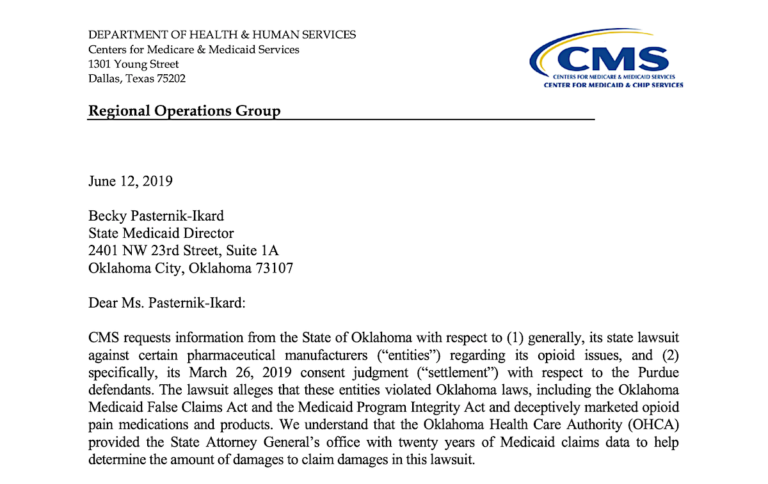 Read the CMS letter seeking Oklahoma opioid settlement money