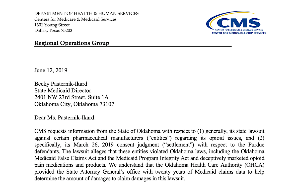 Read the CMS letter seeking Oklahoma opioid settlement money