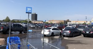 In a big box store beside a huge parking lot big box store