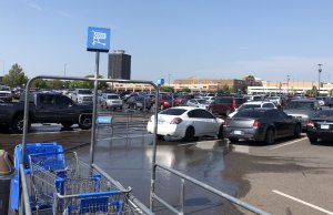 In a big box store beside a huge parking lot big box store