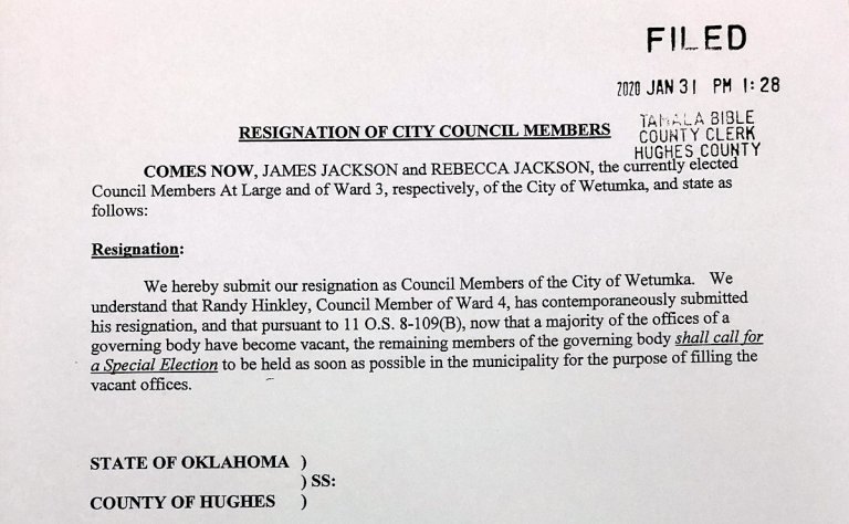 Paperwork filed: Three Wetumka council members resign