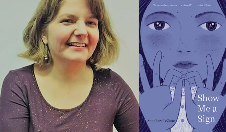 Deaf author Ann Clare LeZotte shows kids a sign