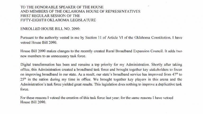 Stitt vetoes bills on broadband council, agency fees, abstractors and vision screening