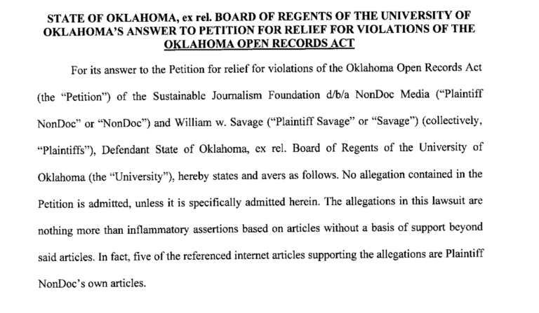 ‘Inflammatory assertions’: Read OU’s answer to NonDoc’s lawsuit