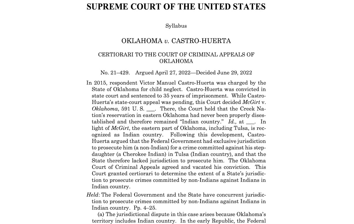 Castro-Huerta decision: State gets some concurrent jurisdiction on reservations
