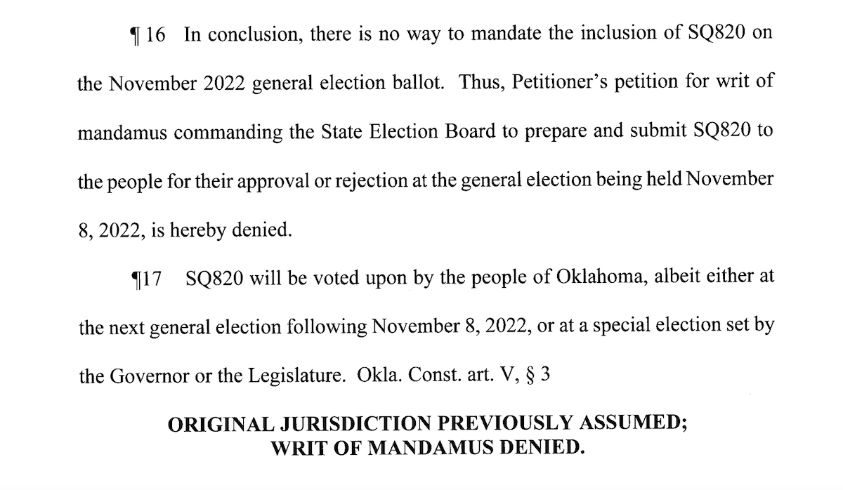 Court denies request to allow SQ 820 on Oklahoma’s November ballot