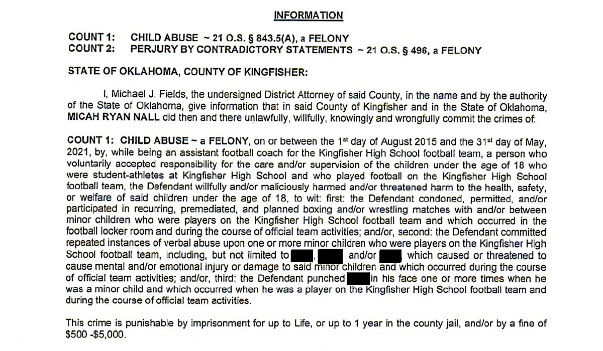 Charged with perjury and child abuse, Western Heights ‘football analyst’ Micah Nall on leave