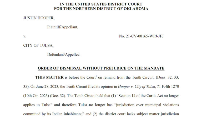 Hooper v. Tulsa dismissed, judge points to Muscogee lawsuit for lingering jurisdiction dispute