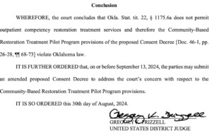 Judge: Proposed consent decree in mental health lawsuit violates state law proposed consent decree mental health competency restoration Oklahoma