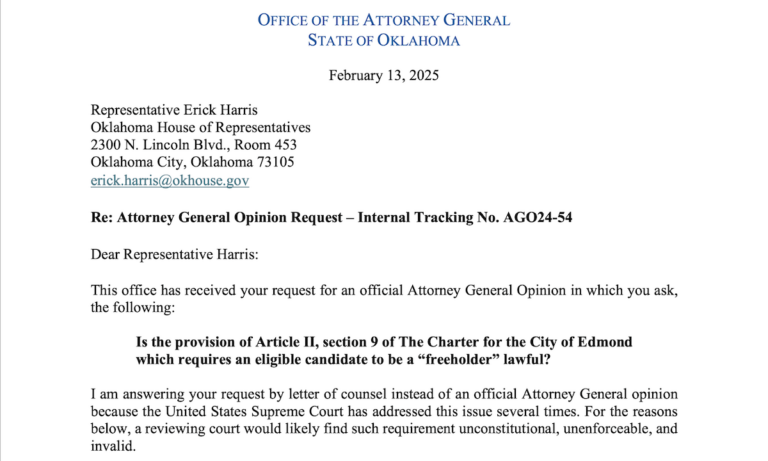 AG’s office: Property ownership requirement to hold Edmond office is unconstitutional