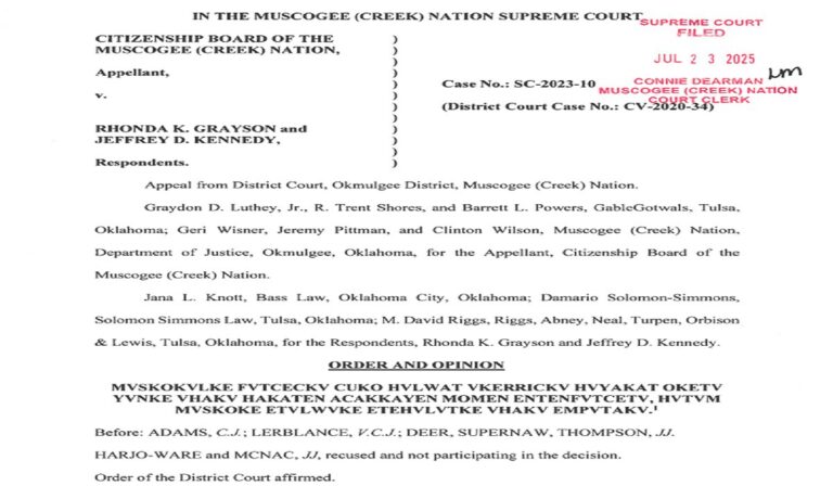 Muscogee high court rules 1866 treaty requires Freedmen citizenship, strikes ‘by blood’ language